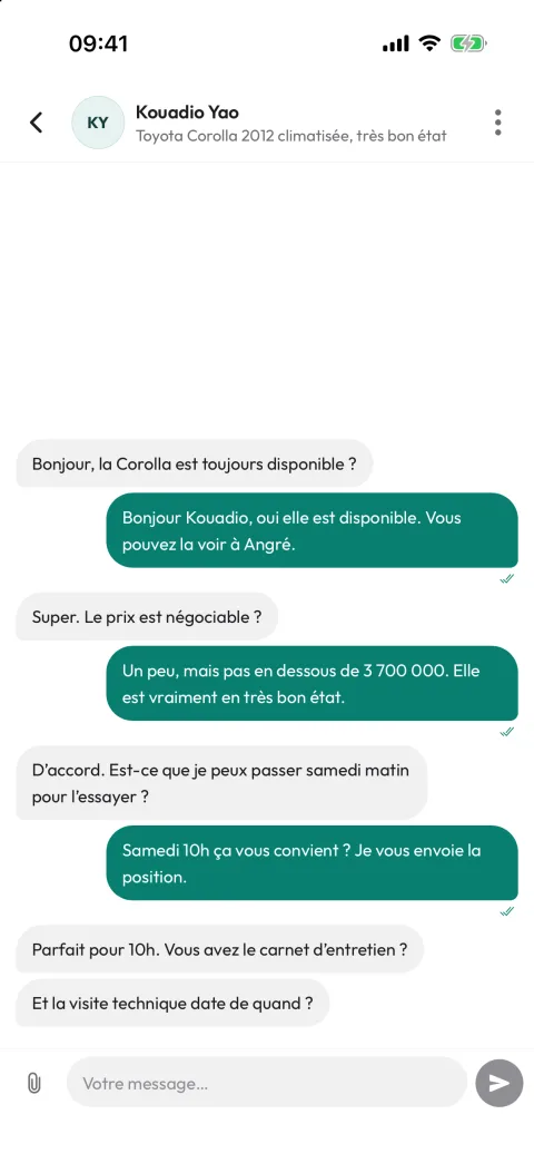 Conversation acheteur et vendeur dans l'app Lendroit, sans partage de numéro