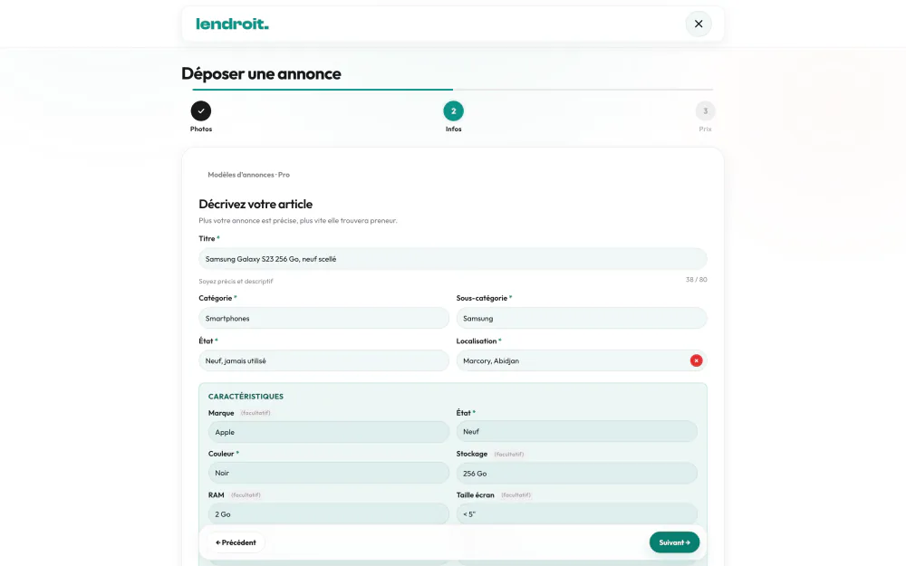 Dépôt d'annonce Lendroit, étape 2 : titre, catégorie, état, localisation, caractéristiques et description