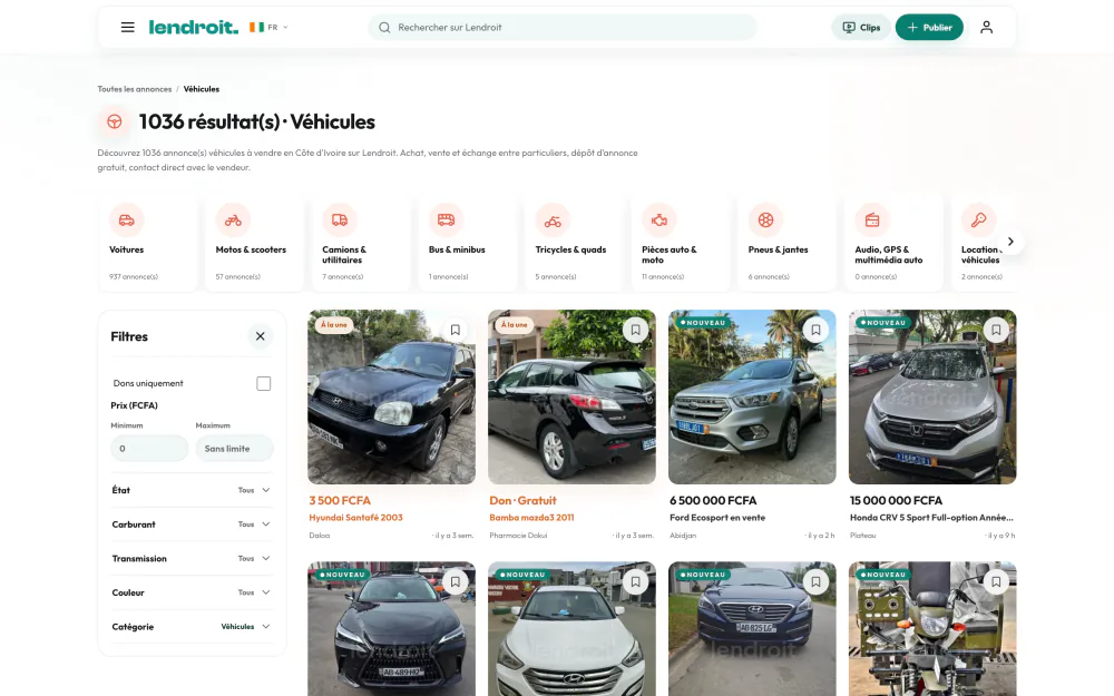 Liste des annonces Véhicules de Lendroit avec sous-catégories et filtres