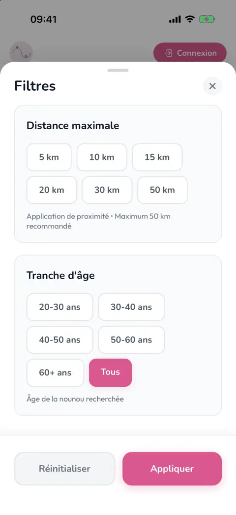 Filtres par distance et tranche d'âge