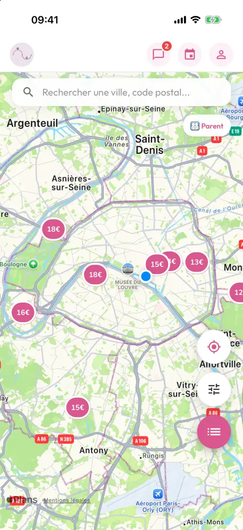 Carte des nounous avec leur tarif horaire