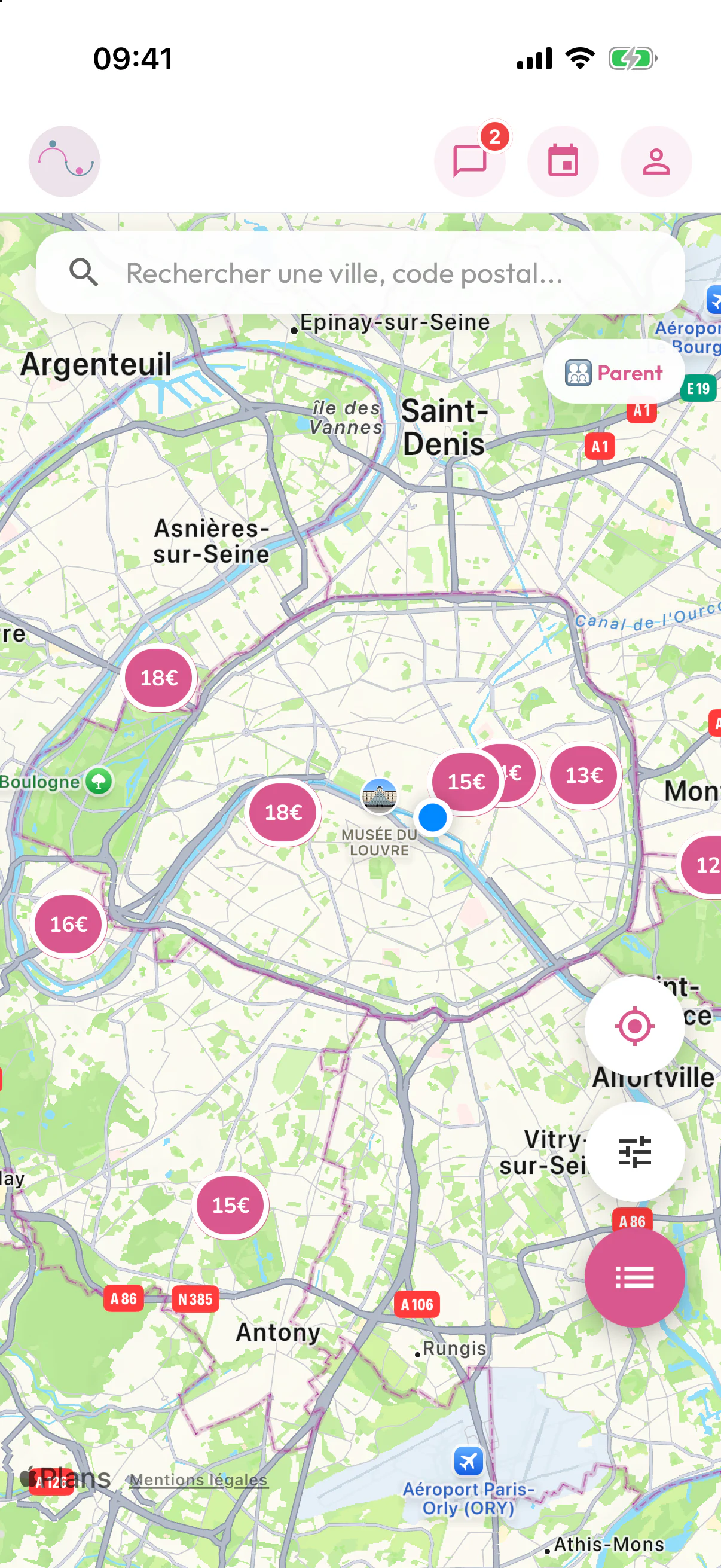 Application Magic Nona : carte des nounous avec leur tarif horaire