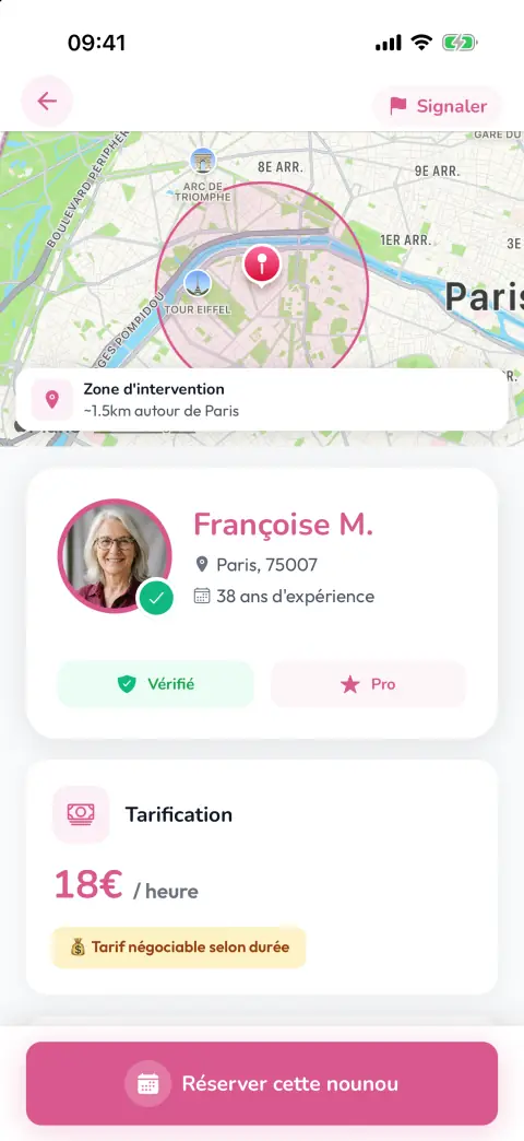 Profil d'une nounou avec zone d'intervention, vérifications et tarif