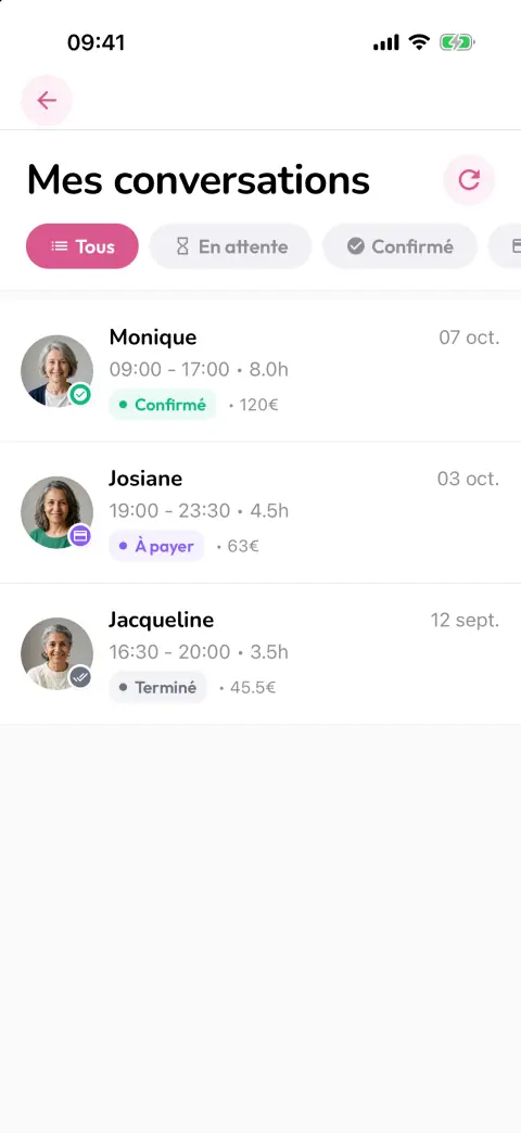 Liste des conversations avec leurs statuts