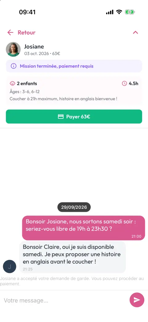 Conversation en temps réel avec les détails de la garde et le bouton de paiement