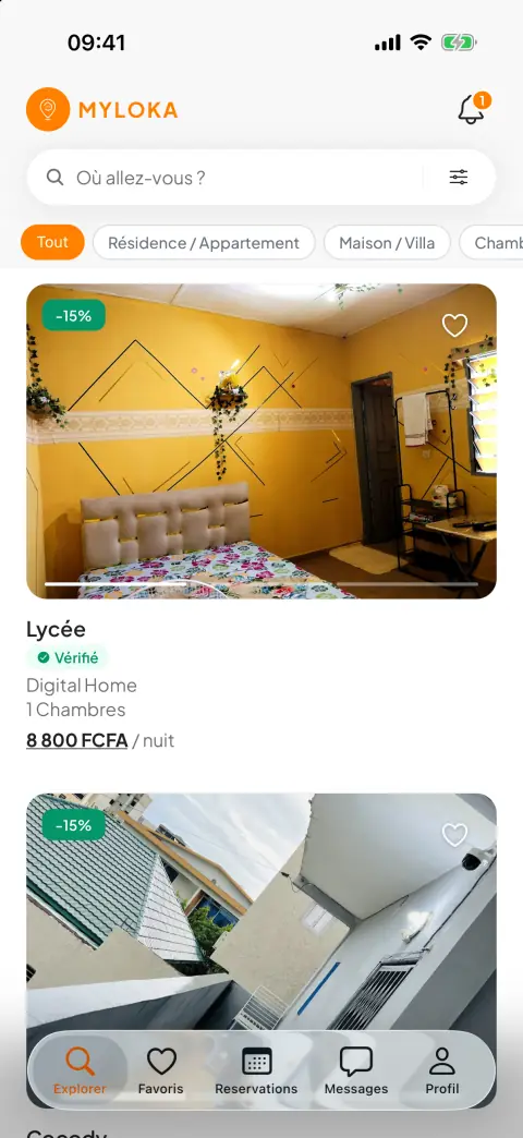 Écran Explorer de l'app MyLoka : logements par catégorie et prix par nuit