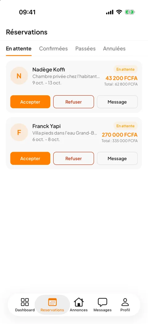 Réservations en attente dans l'app hôte MyLoka