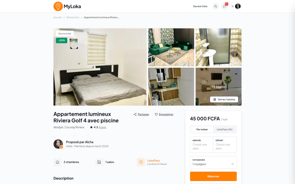Fiche logement MyLoka : galerie photos, hôte vérifié et encart de réservation