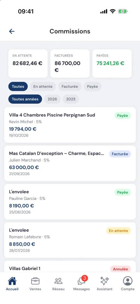 Commissions en attente, facturées et payées