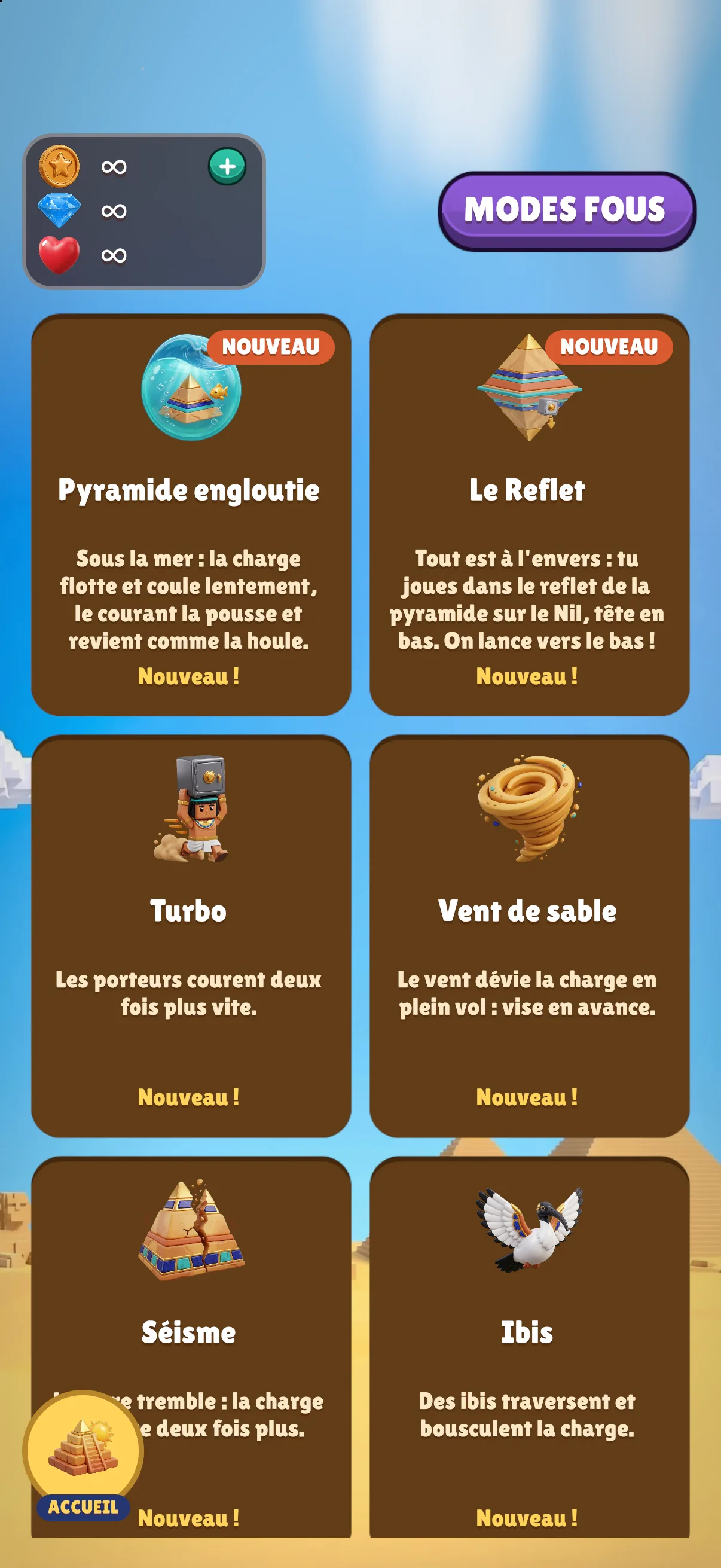 Modes fous : Pyramide engloutie, Le Reflet, Turbo, Vent de sable…