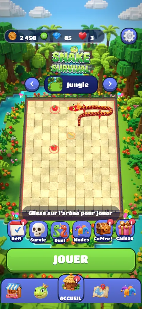 Accueil de Snake Survival : l’arène tourne derrière le menu