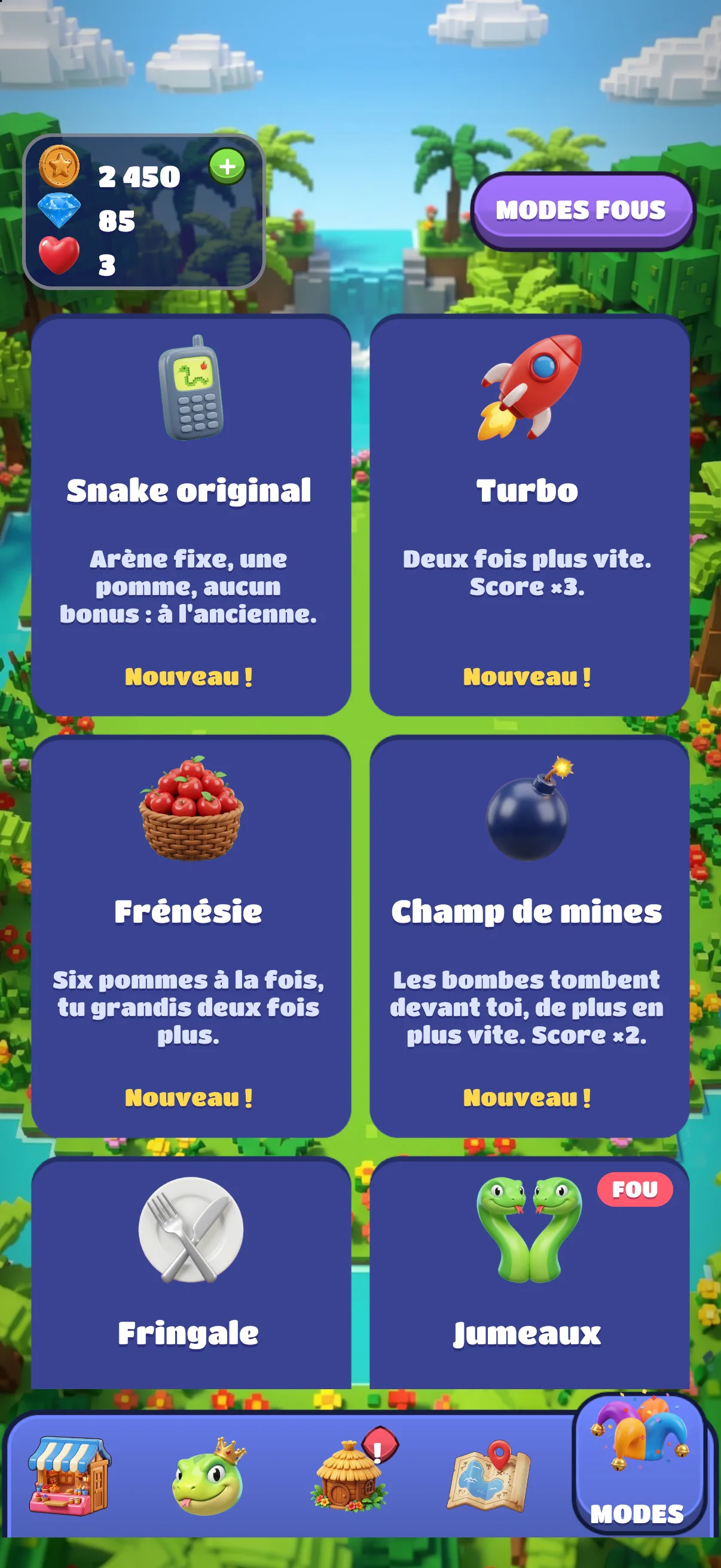 Crazy modes: Original Snake, Turbo, Frenzy, Minefield…