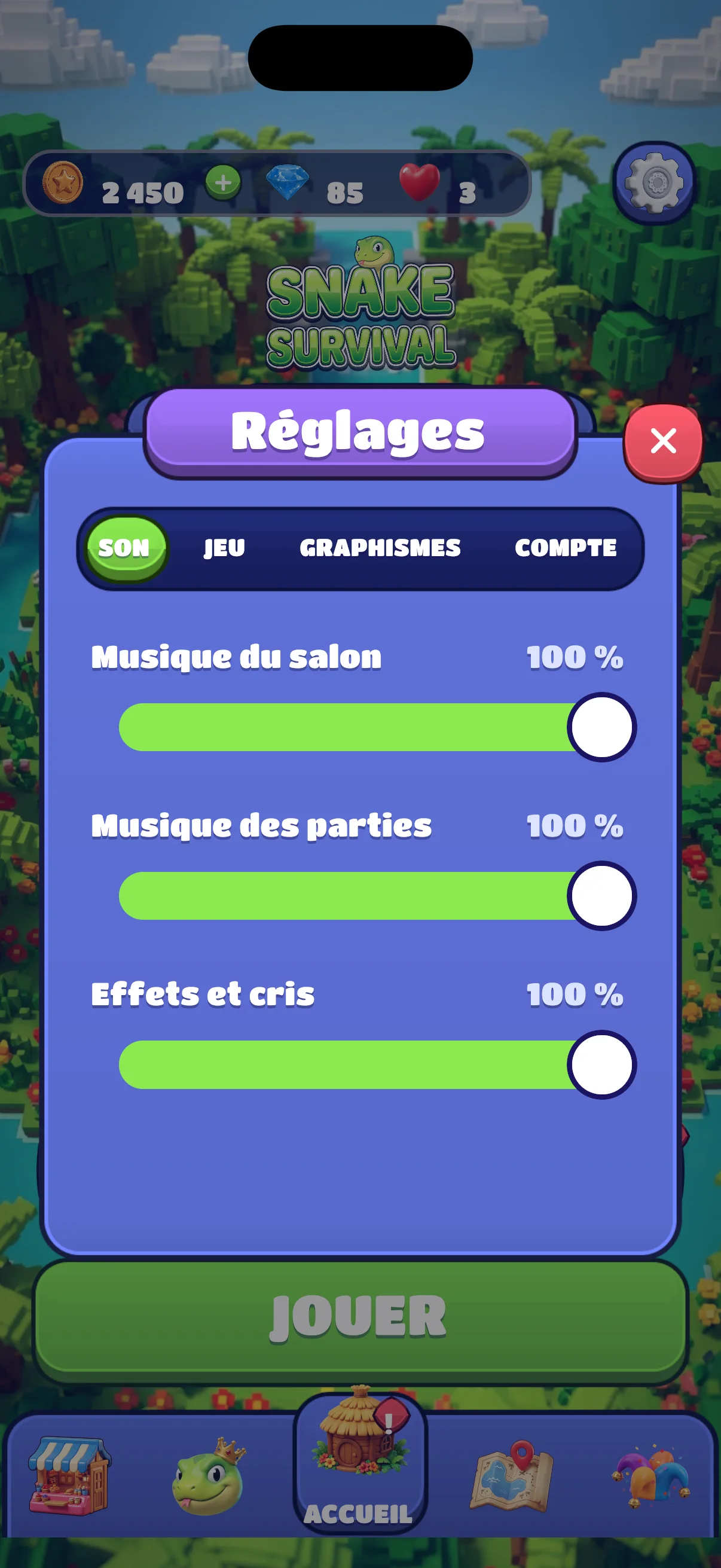 Settings: sound, game, graphics and account