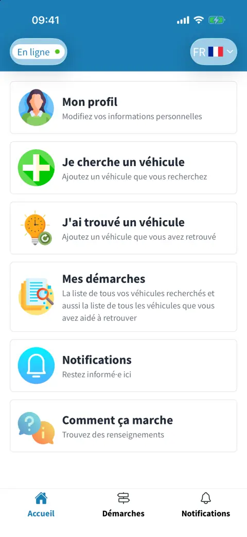 Accueil de l'application avec les actions principales