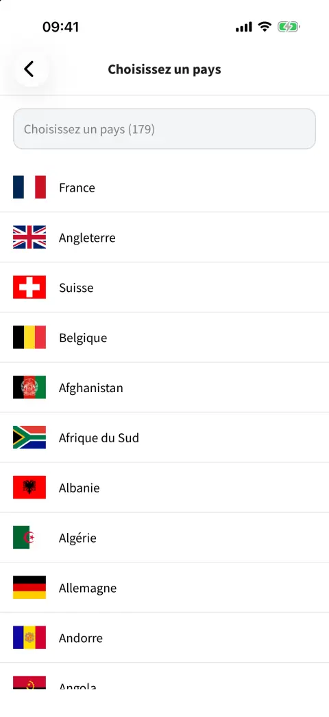 Choix du pays d'immatriculation parmi 179 pays