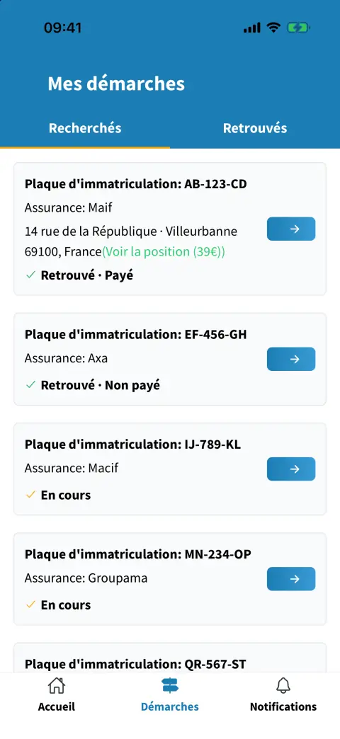 Liste des véhicules recherchés avec leur statut