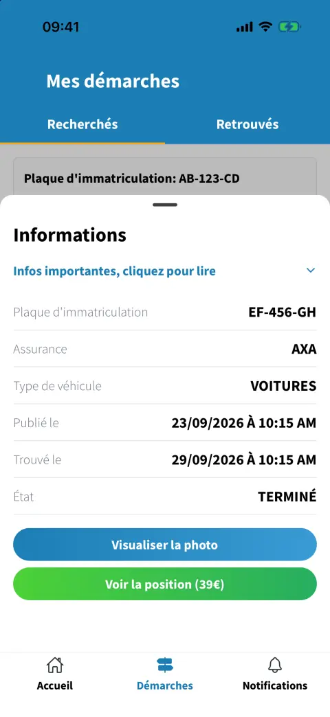 Fiche d'un véhicule retrouvé avec photo et position payante