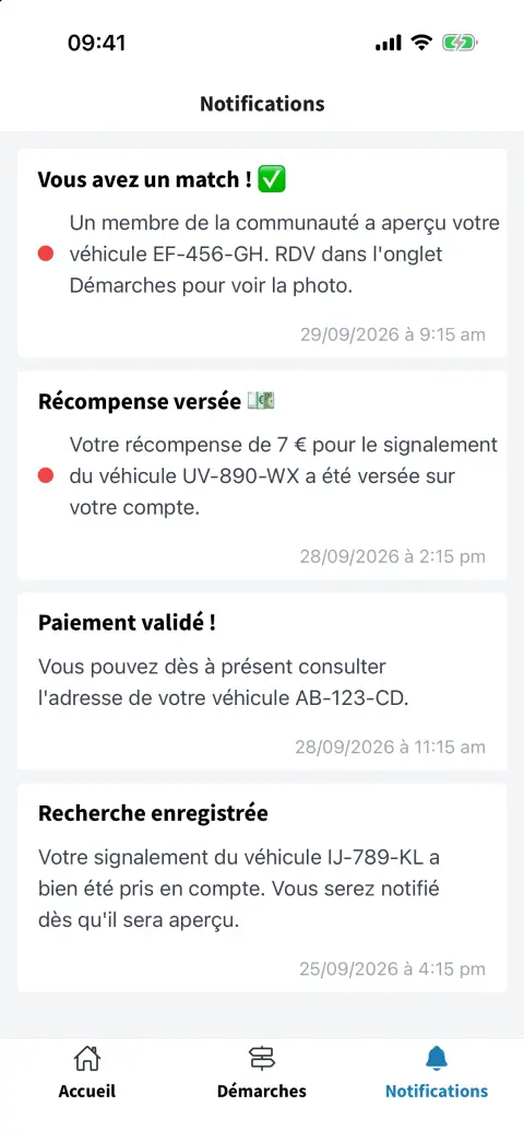 Centre de notifications avec match, récompense versée et paiement validé