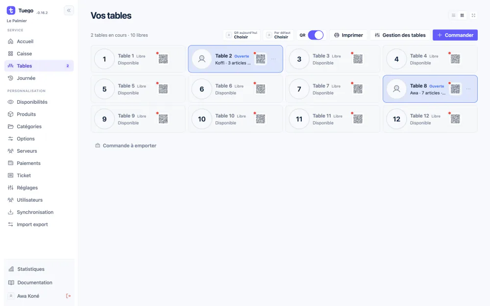 Plan des tables ouvertes avec serveur, nombre d'articles et QR code