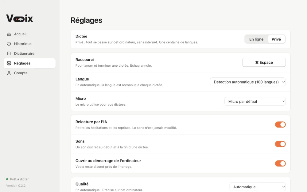 Réglages de Vooix : mode En ligne ou Privé, raccourci, langue et relecture par l'IA