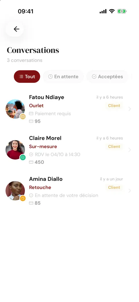 Liste des conversations avec les couturiers et filtres par statut