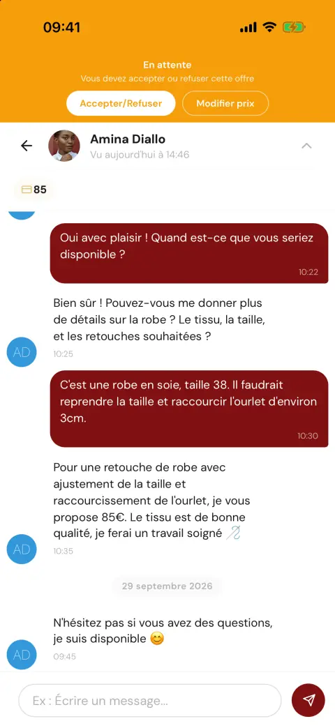 Conversation Zzigs avec une offre à accepter ou renégocier