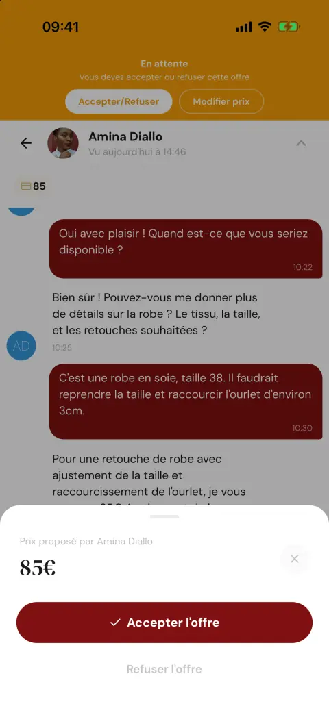 Fenêtre d'acceptation d'une offre de couturier