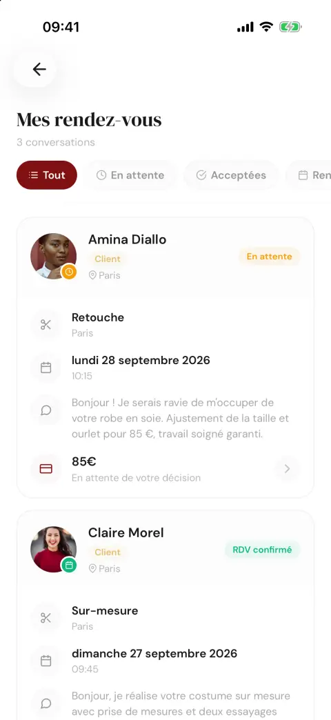 Écran Mes rendez-vous de Zzigs avec offres, rendez-vous confirmés et paiements