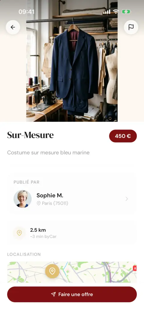 Détail d'un projet de couture avec distance, carte et bouton pour faire une offre