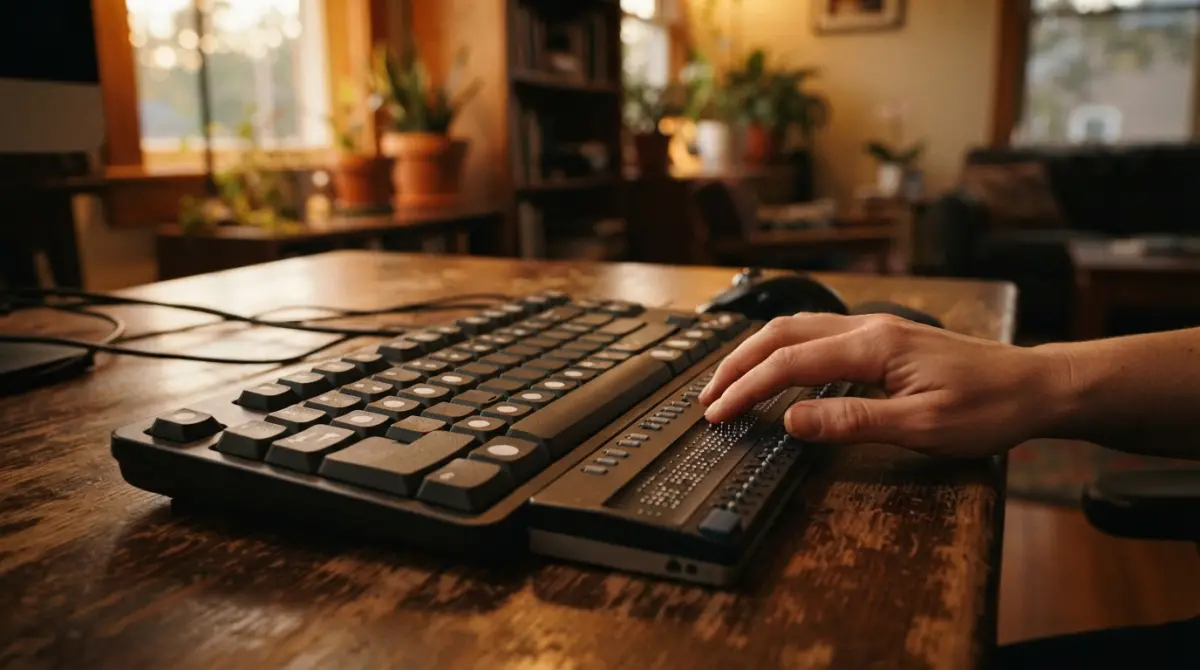Clavier ergonomique adapté et terminal d'assistance sur un bureau pour tester l'accessibilité du site web d'une association