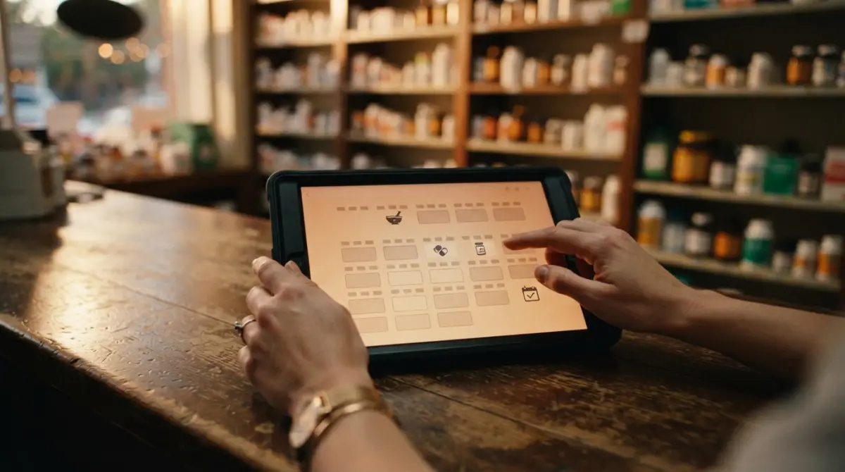 Tablette numérique affichant une interface de prise de rendez-vous sur le comptoir d'une pharmacie moderne et organisée.