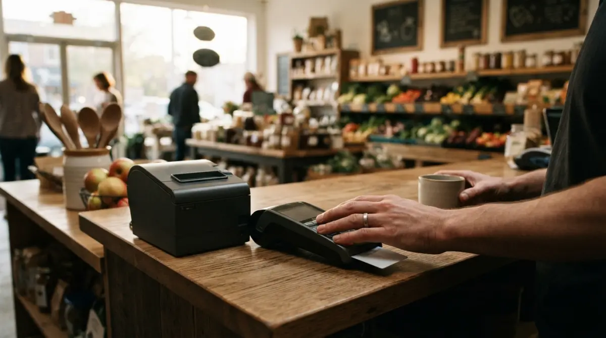 Comptoir de vente d'un commerce équipé d'un terminal pour automatiser avec l'ia