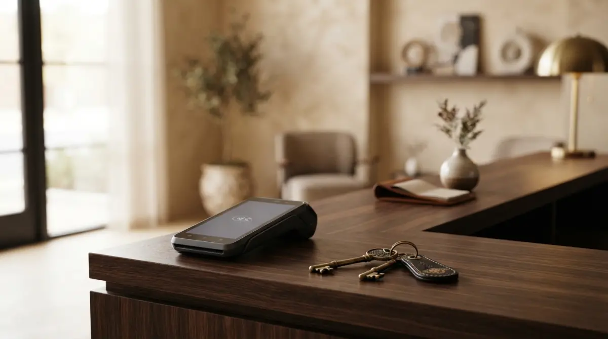 Comptoir d'accueil d'un hôtel de charme avec terminal de paiement pour illustrer le budget pour sécuriser un site internet