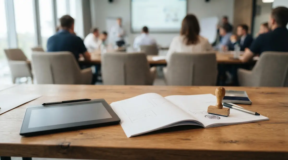 Table de salle de formation avec terminal d'émargement et documents pour extranet organisme de formation