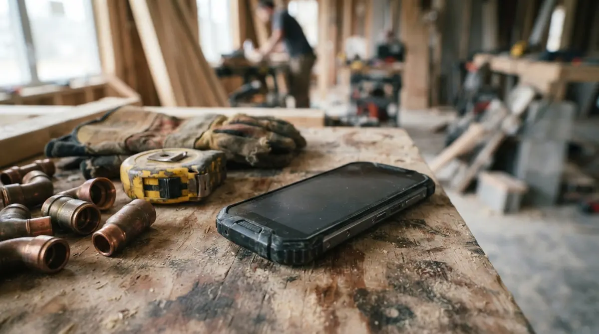 Smartphone affichant des formulaires d'intervention bâtiment posé sur un établi de chantier avec des outils