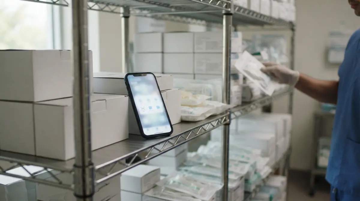 Réserve de consommables d'un cabinet avec outil d'IA pour la commande de matériel médical sur smartphone.