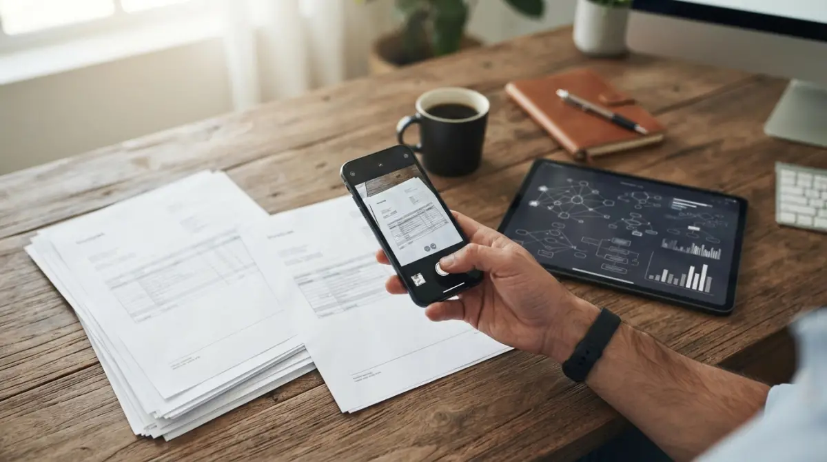 Bureau avec documents comptables et smartphone illustrant la lecture automatique de factures pour startup.