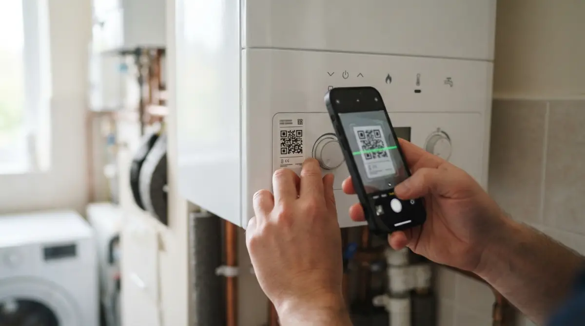 Notifications push pour artisan du bâtiment : autocollant avec QR code collé sur une chaudière