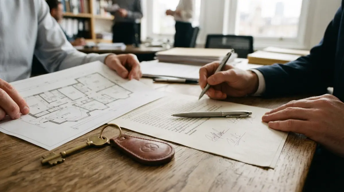 Documents de mandat de vente et clés sur un bureau pour illustrer l'outil de devis et facturation agence immobilière