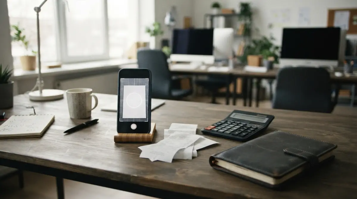 Smartphone avec outil de numérisation posé sur un bureau professionnel pour estimer le prix d'une application mobile pour cabinet comptable