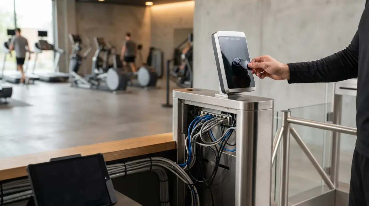 Contrôle d'accès et tourniquet électronique d'une salle de sport reliés au système de sauvegarde informatique