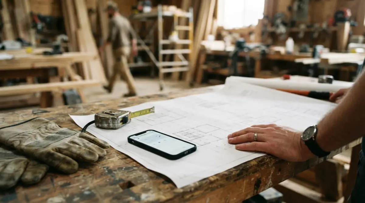 Plan de chantier et smartphone affichant un site vitrine artisan du bâtiment sur un établi